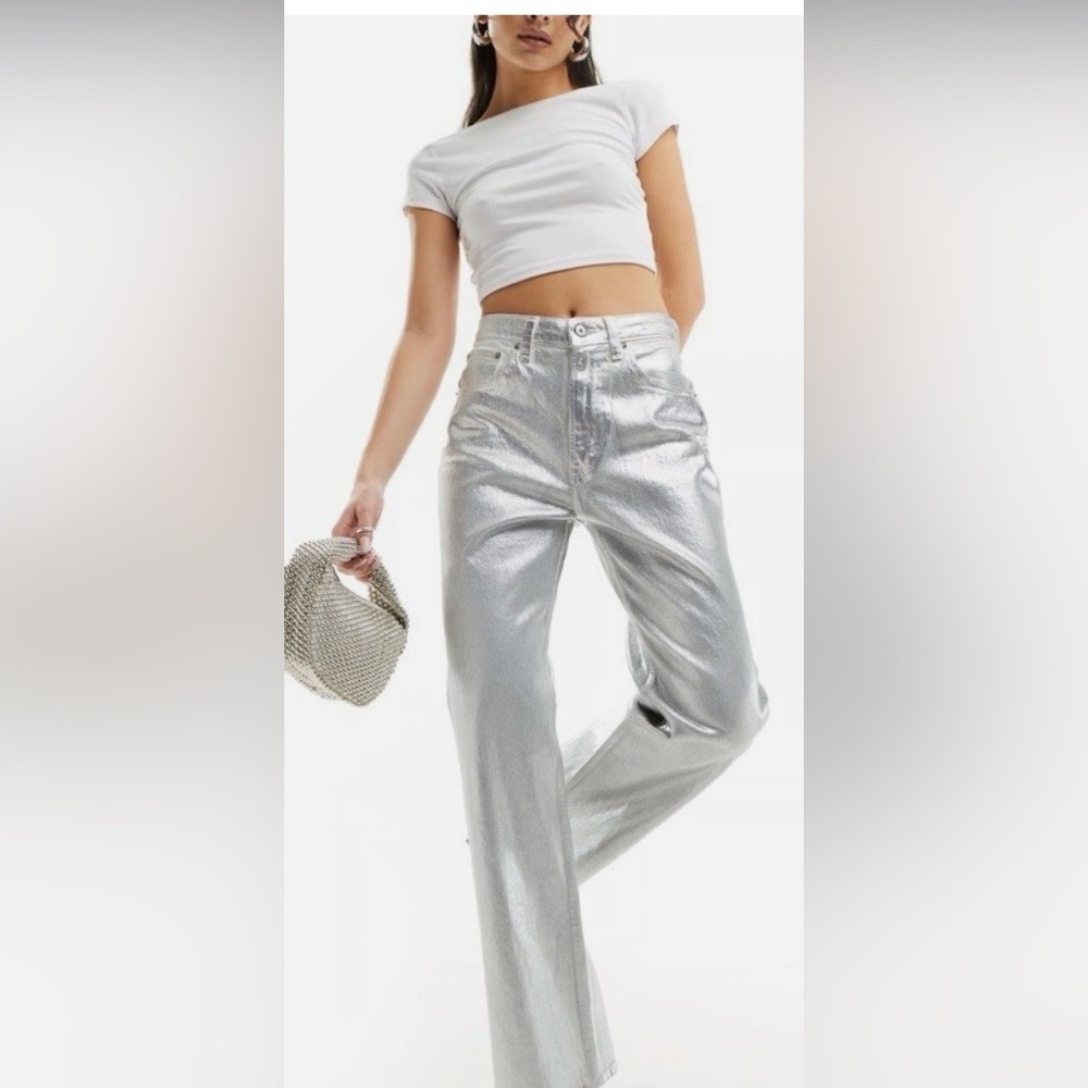Abercrombie Fitch Metallic Silver Curve Love Ultra High Rise 90s Straight Jeans